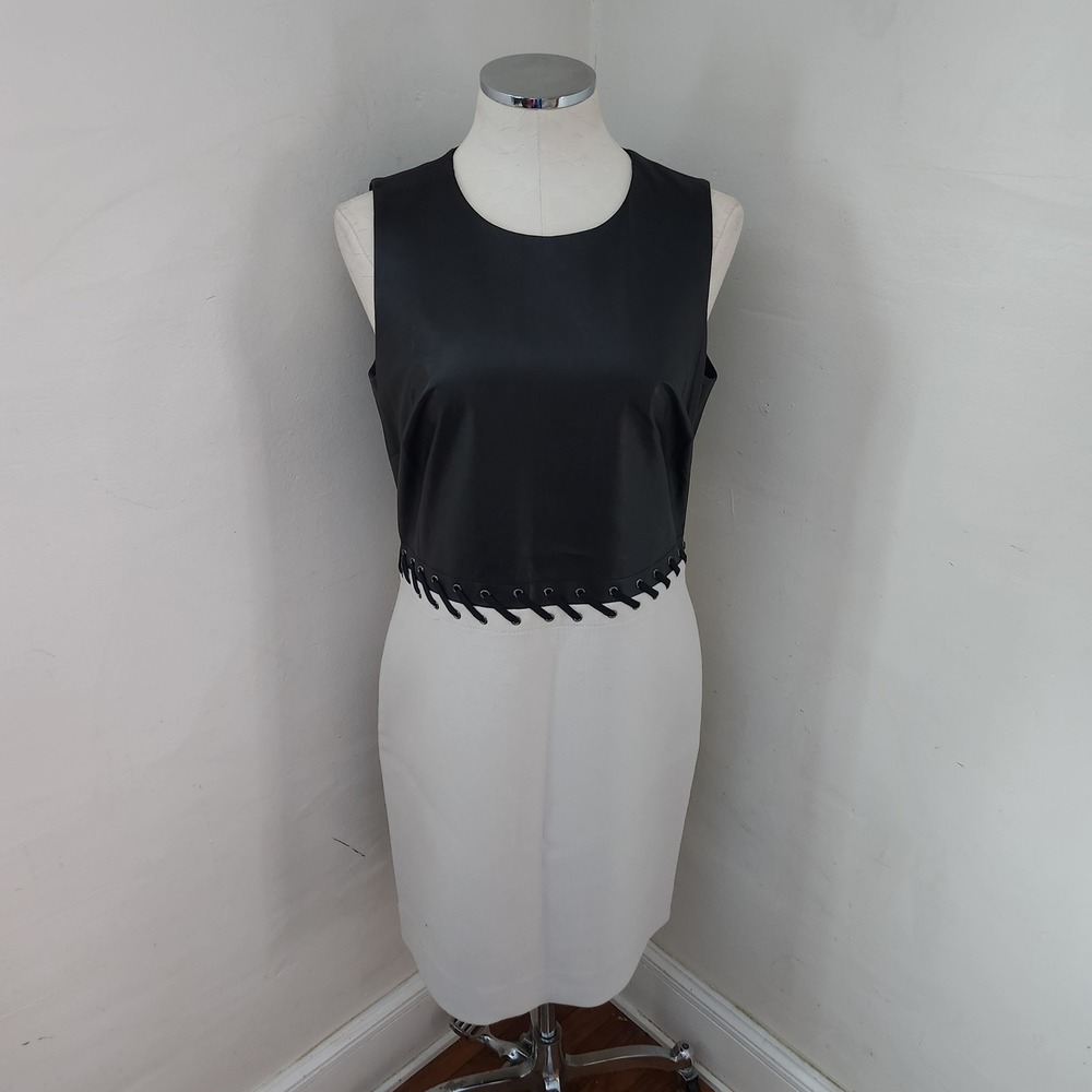 Per Se Black Leather & Beige Sheath Dress Lace Up Detail US 10